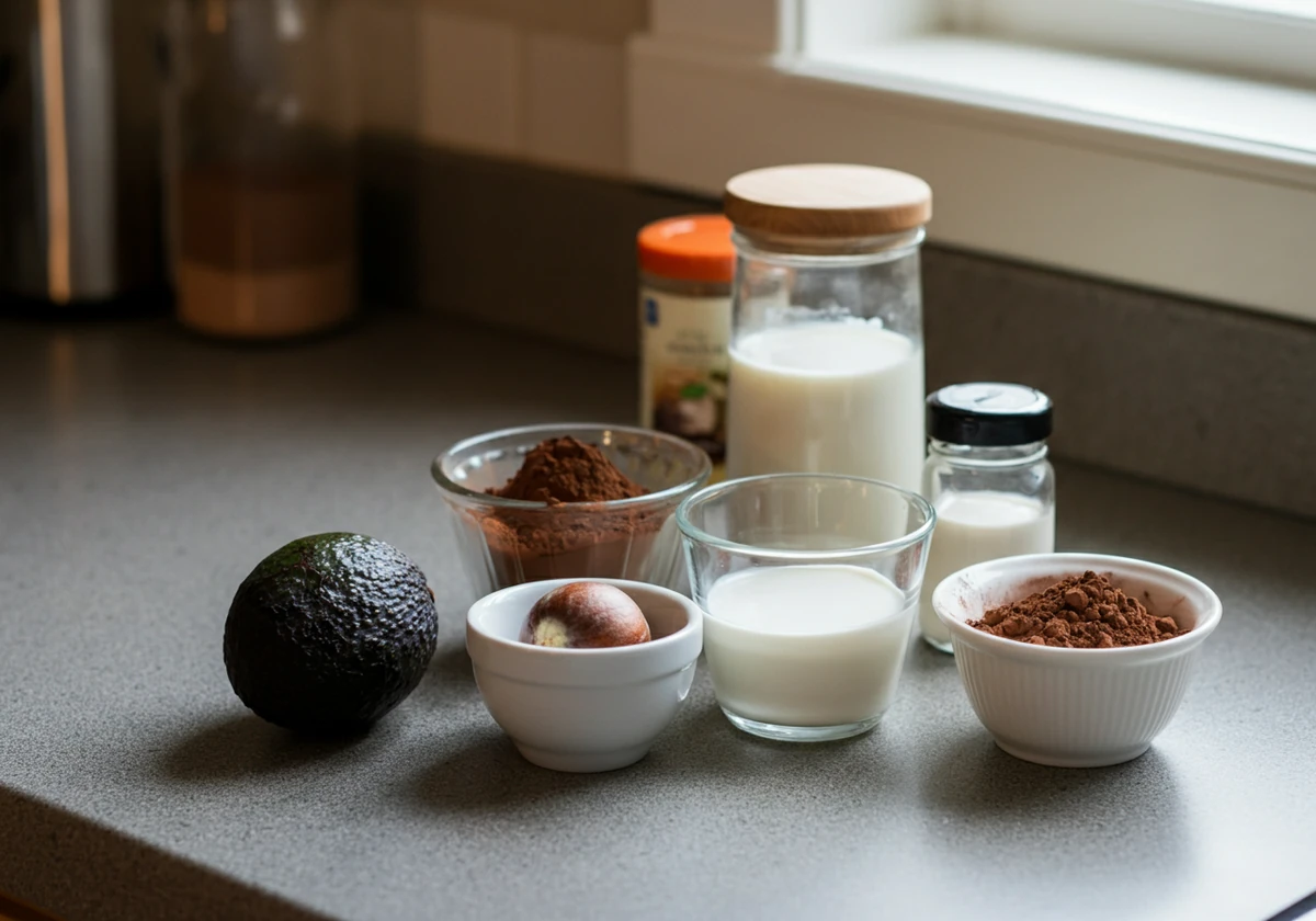 Råvarer til keto sjokolademousse: avokado, kakao og krem