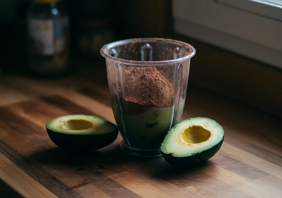 Avokado skjæres og has i blender med kakao