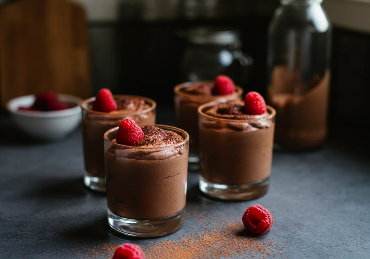 Ferdig keto sjokolademousse med bringebær og kakaodryss