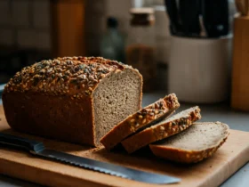 Ketobrød oppskrift: hjemmebakt lavkarbo brød i skiver på fjøl