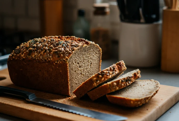 Ketobrød oppskrift: hjemmebakt lavkarbo brød i skiver på fjøl