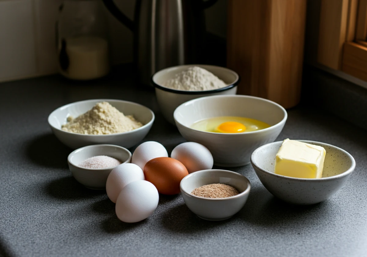 Råvarer til ketobrød: mandelmel, egg, psylliumhusk og frø