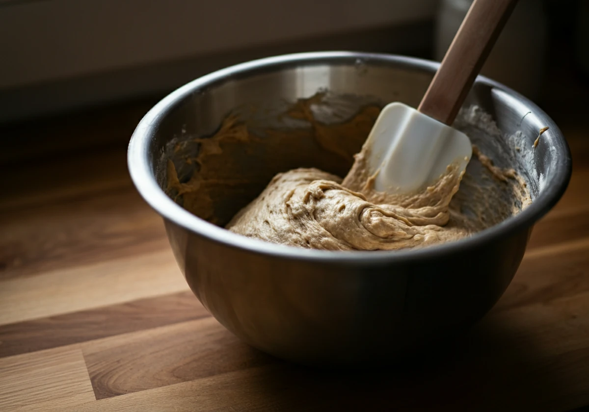 Tykk ketobrøddeig brettes sammen med slikkepott
