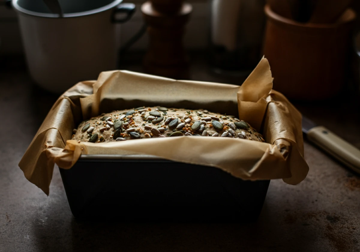 Ketobrøddeig formet i brødform med frø på toppen