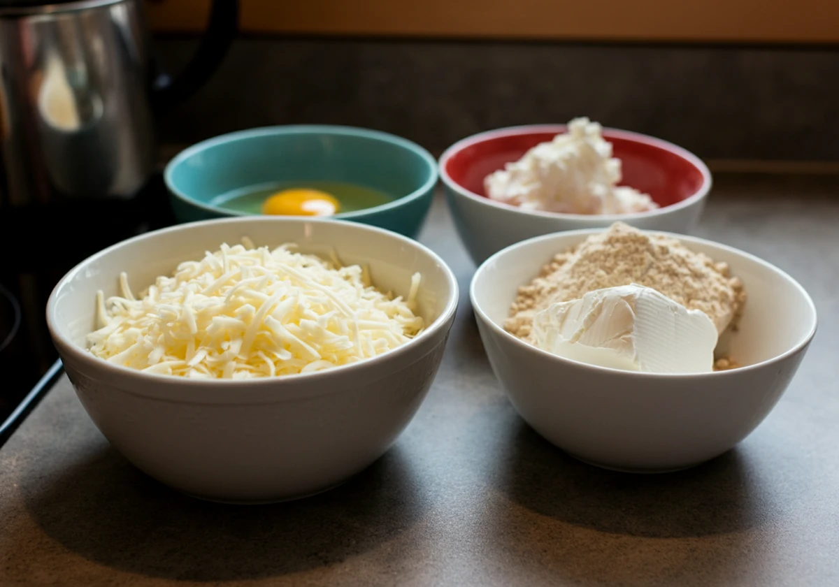 Råvarer til lavkarbo pizzabunn: mozzarella, kremost og mandelmel