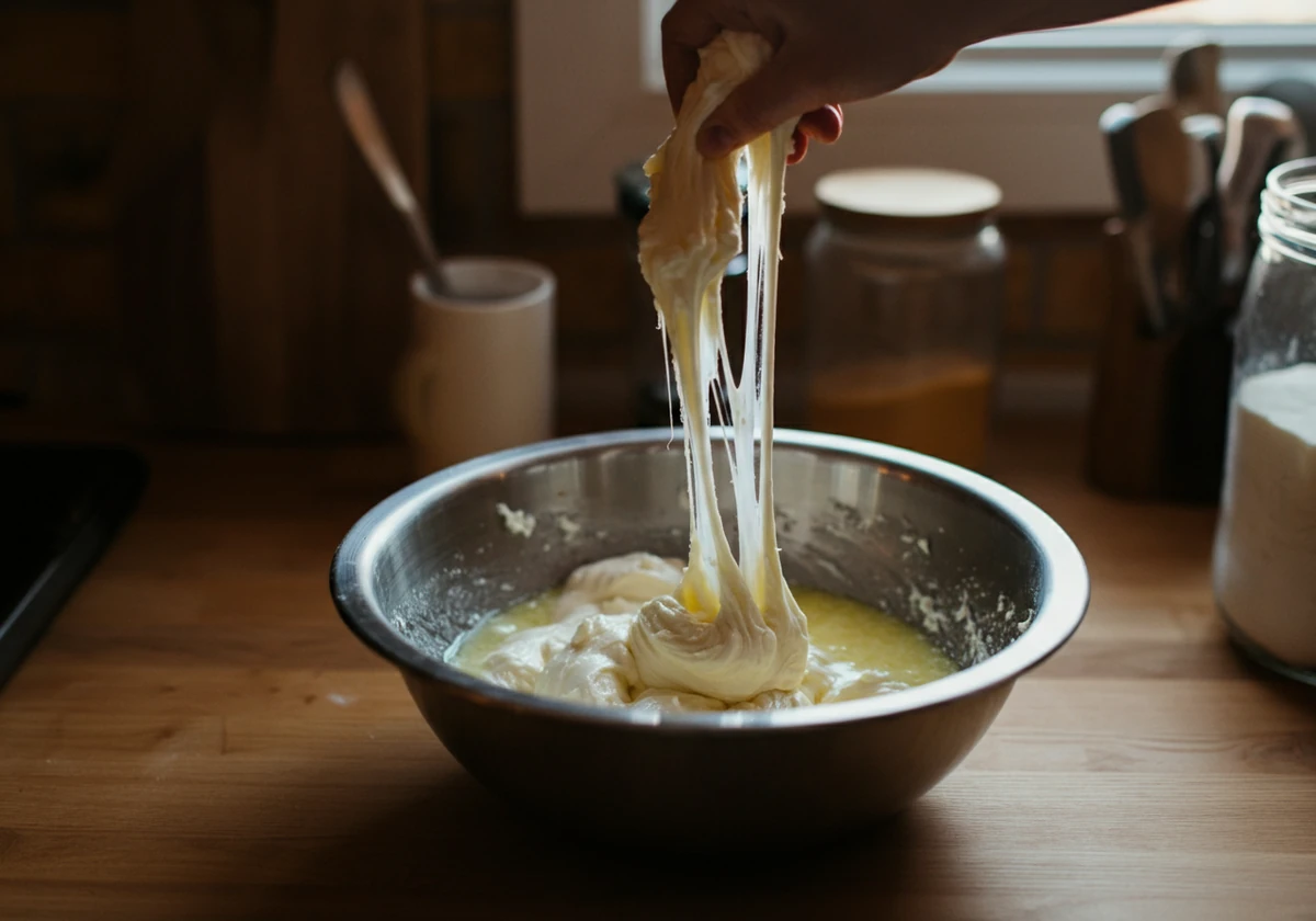 Smeltet ost røres til en seig fathead-deig