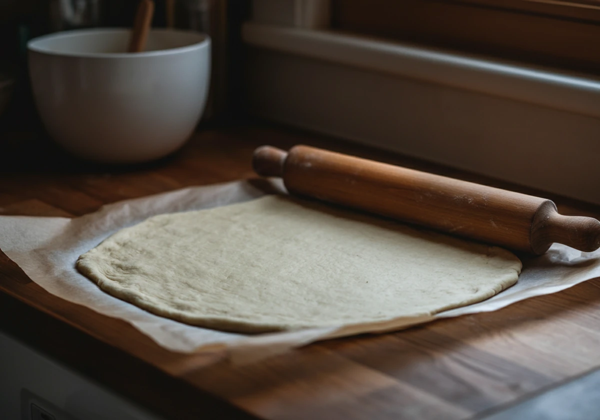 Lavkarbo pizzadeig kjevles ut mellom bakepapir