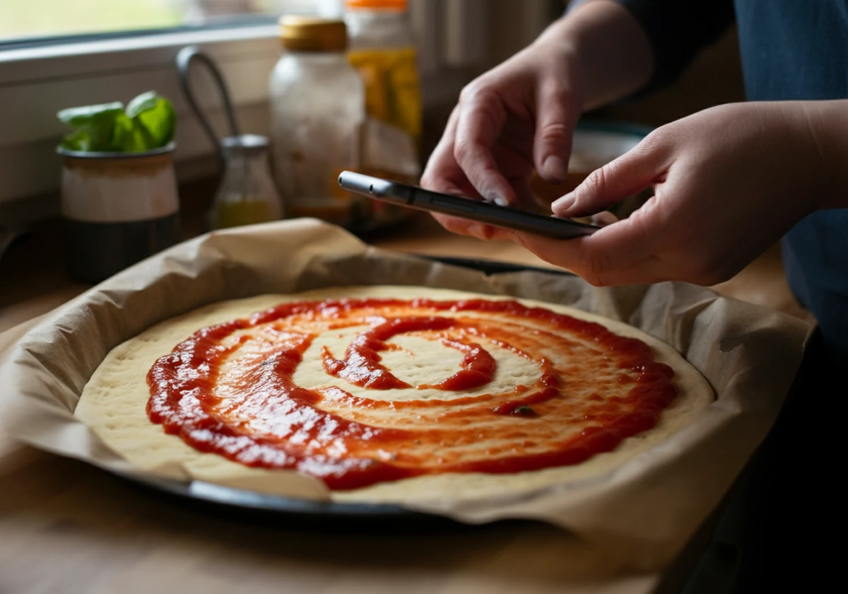 Forstekt pizzabunn toppes med saus og ost