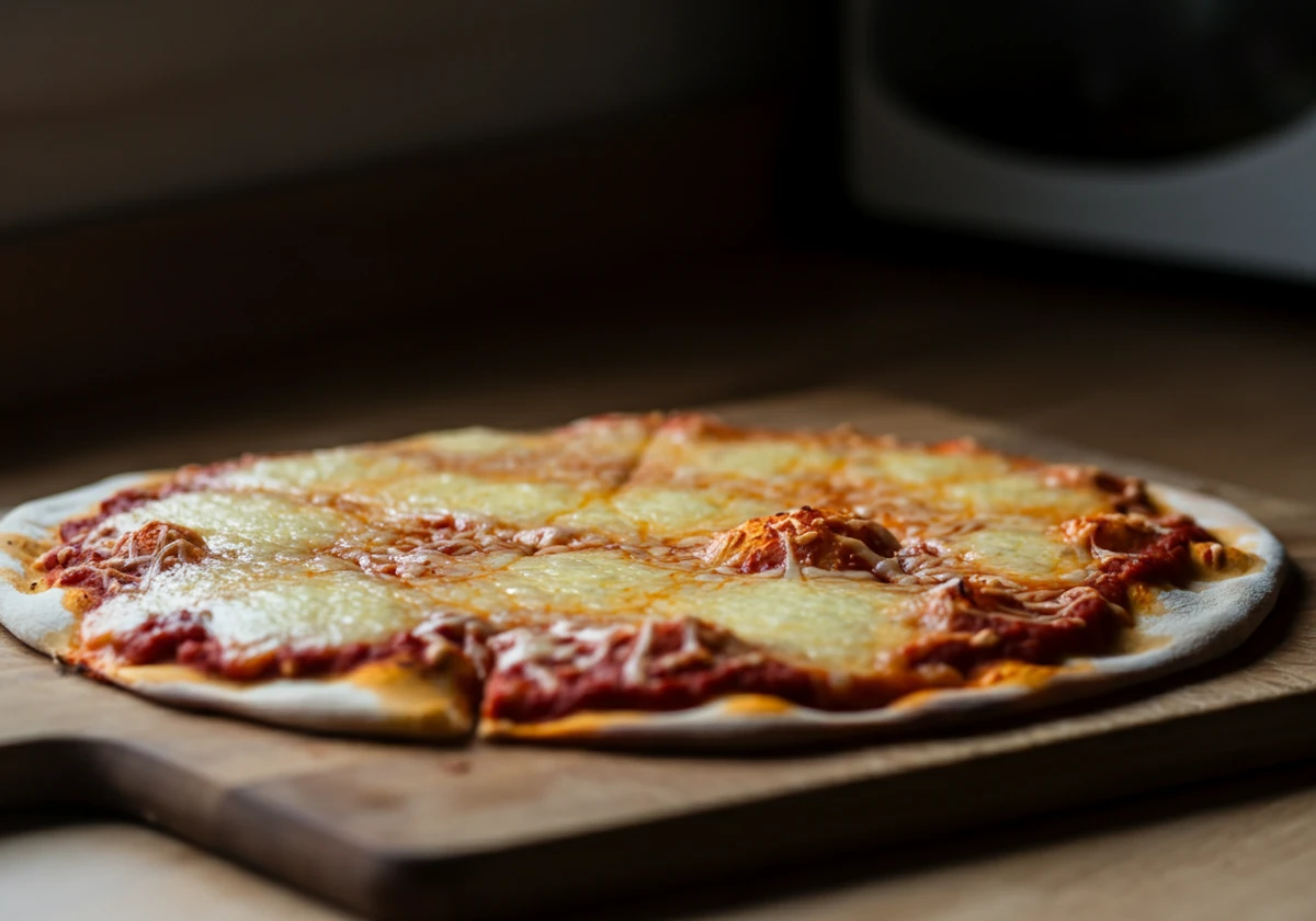 Ferdig lavkarbo pizza rett fra ovnen på fjøl