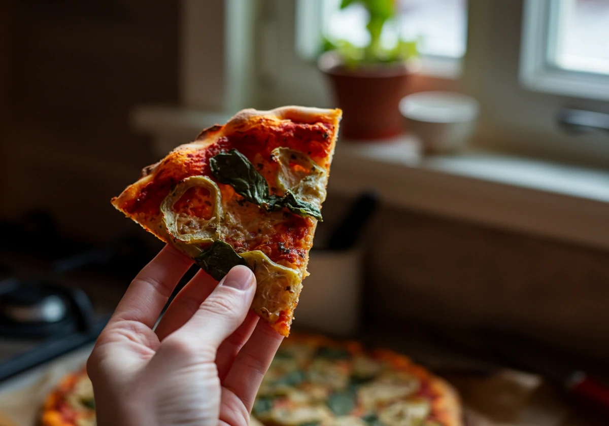 Et stykke lavkarbo pizza holdes i hånda uten å brette seg