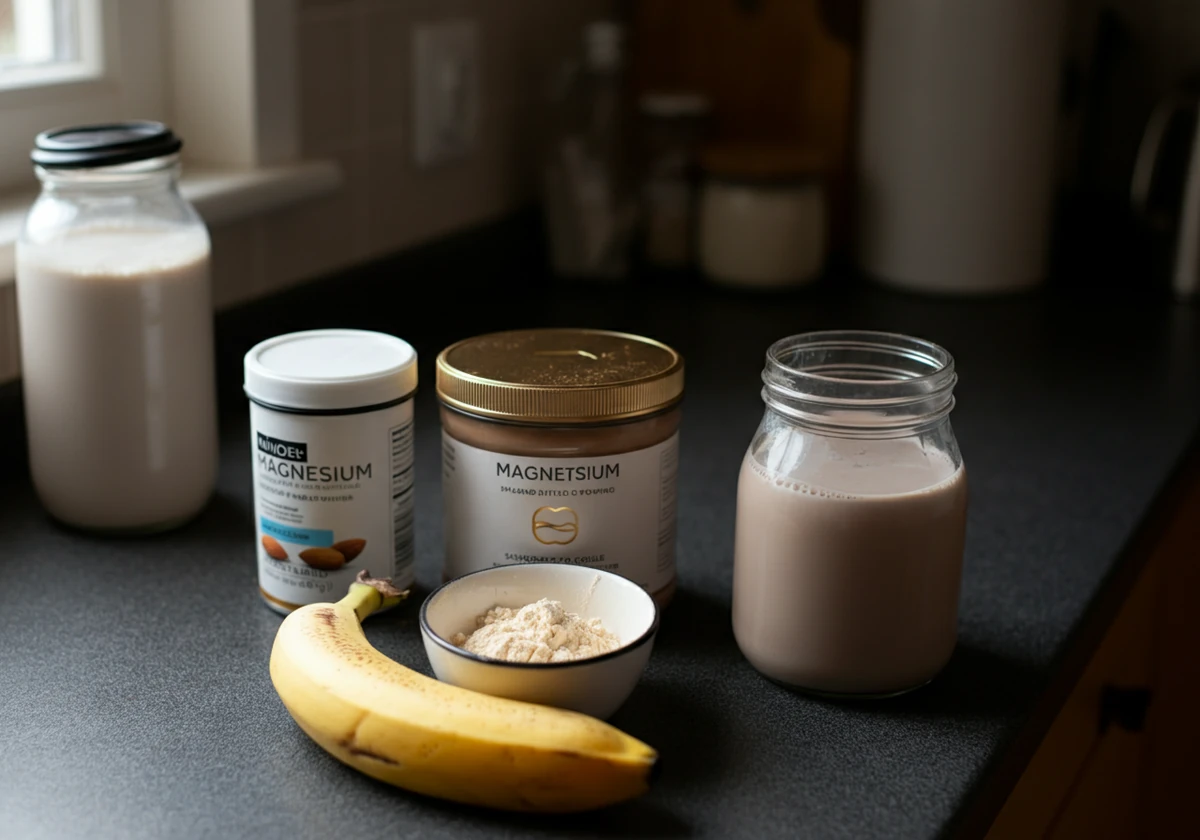 Råvarer til kveldsdrikk: magnesium, kakao og mandelmelk