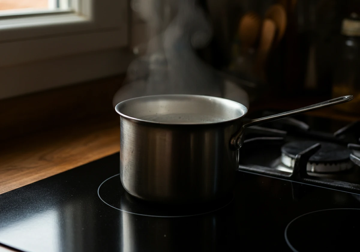 Mandelmelk varmes forsiktig i en kjele