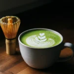 Matcha latte i keramikkopp med skum og bambusvisp