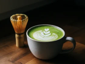 Matcha latte i keramikkopp med skum og bambusvisp