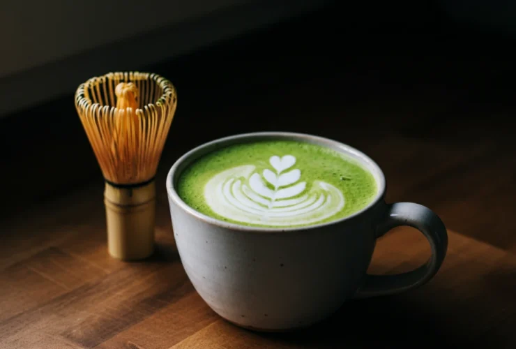Matcha latte i keramikkopp med skum og bambusvisp