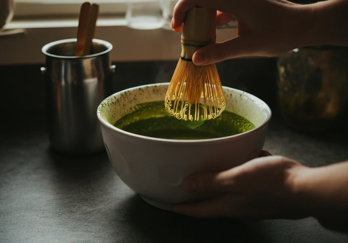 Matcha vispes til glatt pasta med bambusvisp