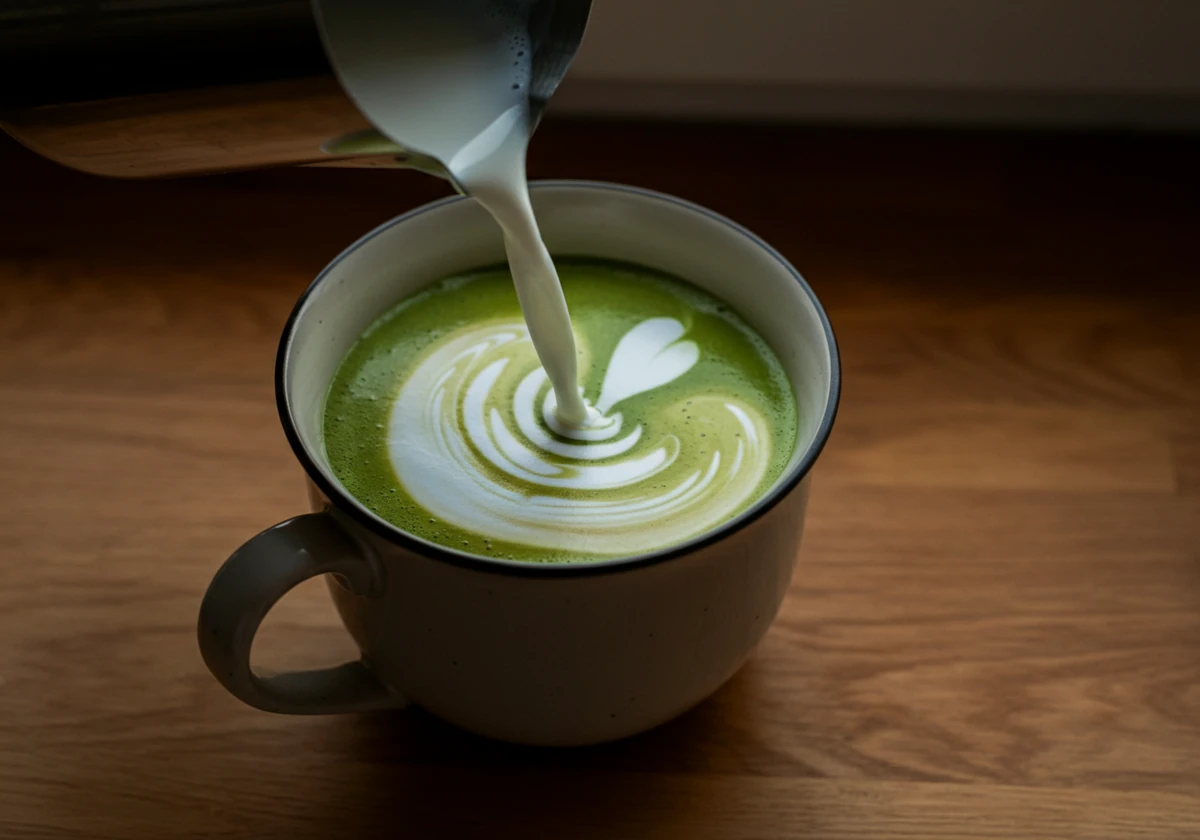 Dampet melk helles i den vispede matchaen