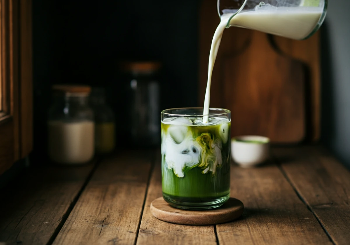 Iskald matcha latte i høyt glass med is