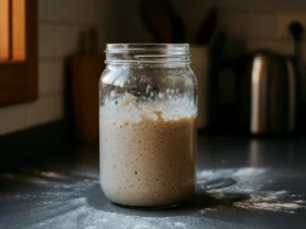 Boblende aktiv surdeigsstarter i glasskrukke