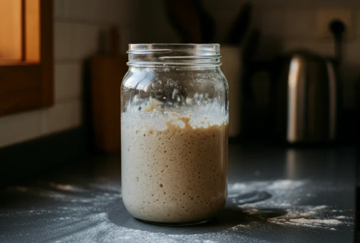 Boblende aktiv surdeigsstarter i glasskrukke
