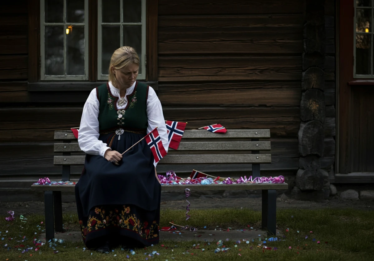 Sliten forelder i bunad sitter alene på en benk om kvelden, et bilde på 17 mai tretthet
