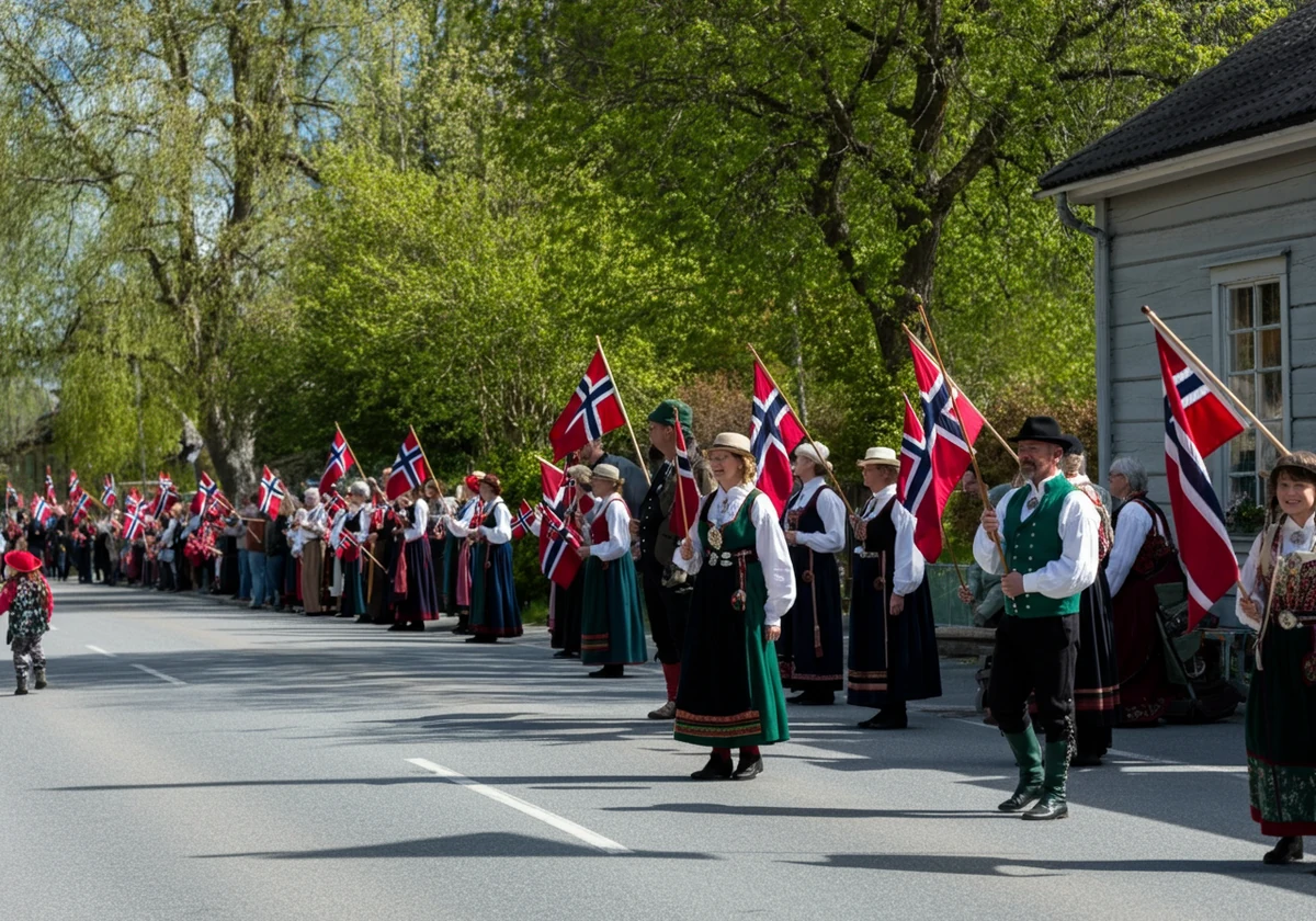 Langt barnetog går nedover en solfylt gate under 17. mai-feiringen
