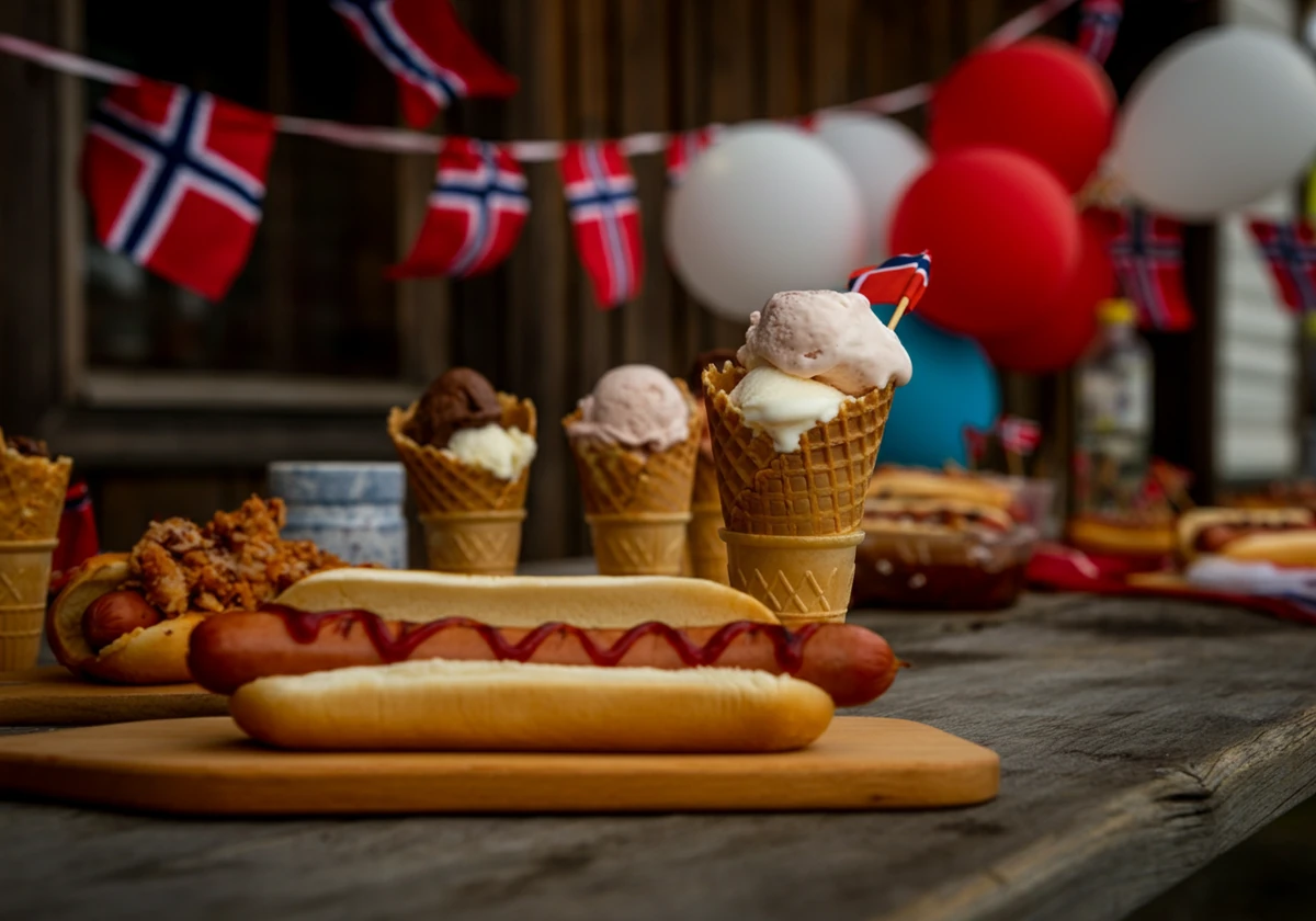 Bord fullt av is og pølser under en 17. mai-feiring utendørs