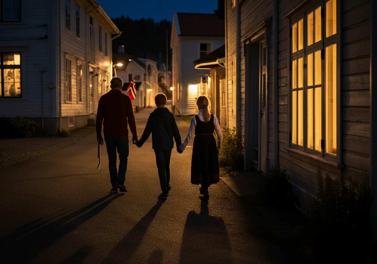 Familie går slitne hjem om kvelden etter en lang 17. mai-feiring