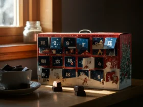 Adventskalender sukker: sjokolade bak trelukene i desemberlys