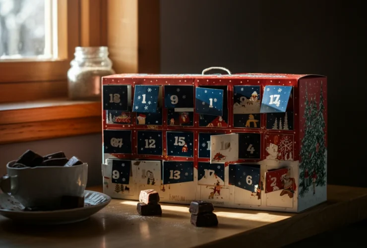 Adventskalender sukker: sjokolade bak trelukene i desemberlys