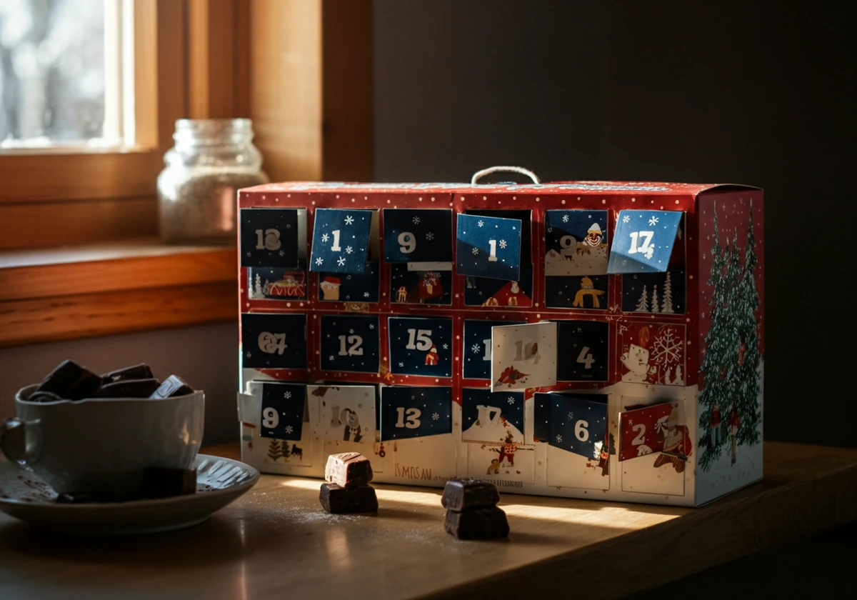 Adventskalender sukker: sjokolade bak trelukene i desemberlys