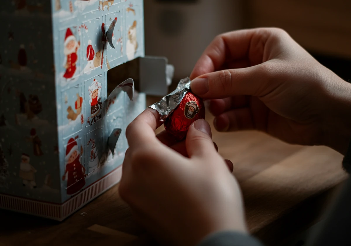 Sjokoladebit pakkes ut av adventskalenderluke med sukker