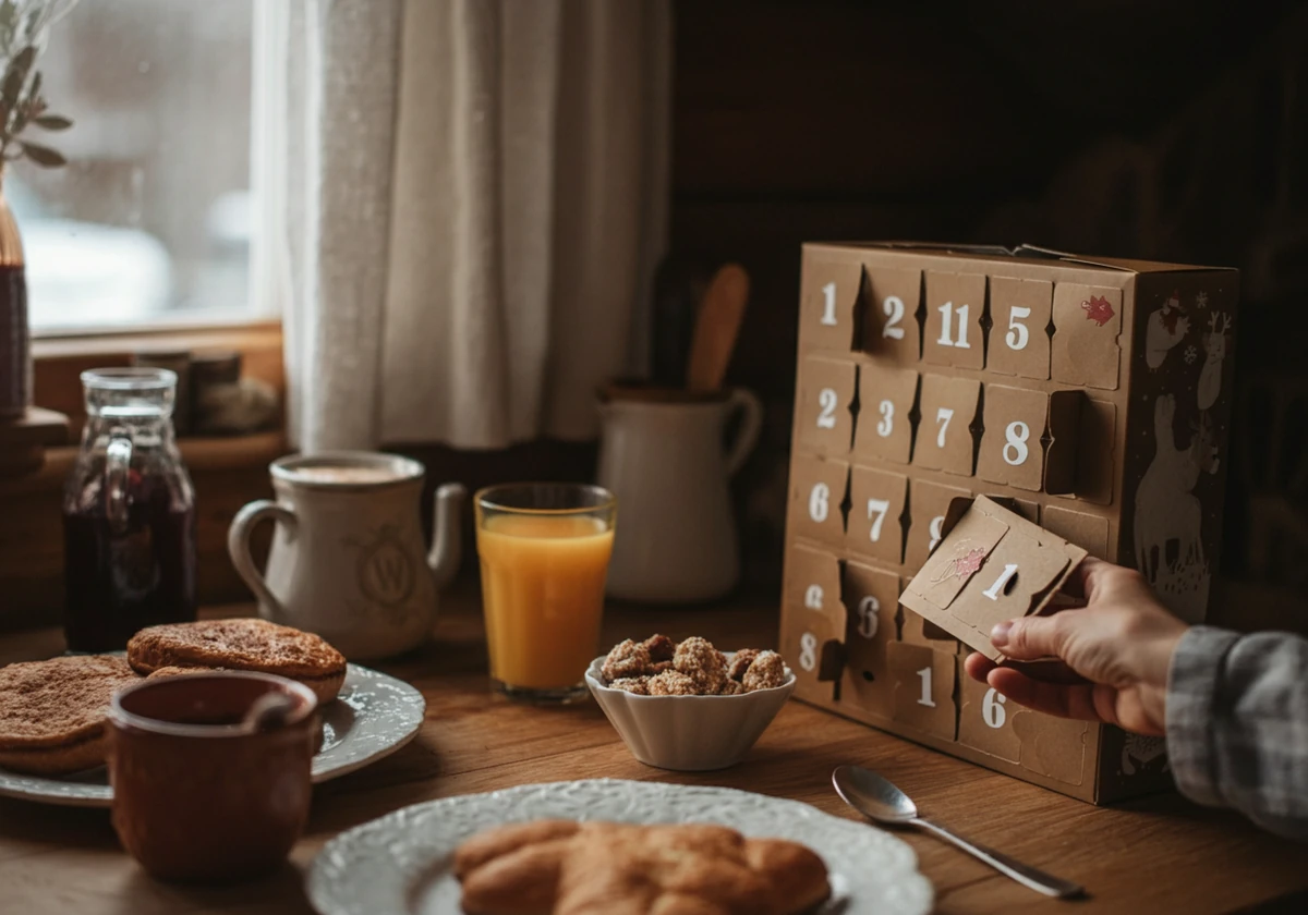 Barn spiser adventskalender sjokolade med sukker til frokost