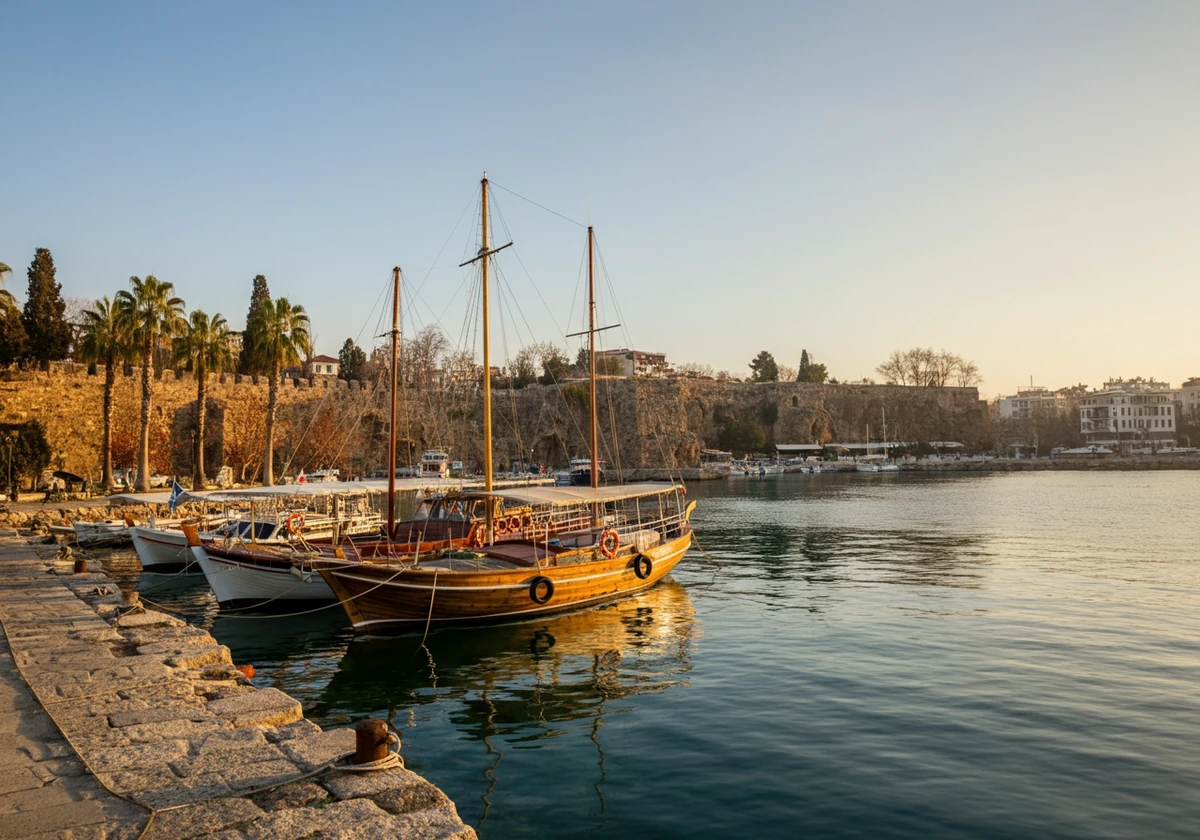 Rolig havn i Antalya i vintersol