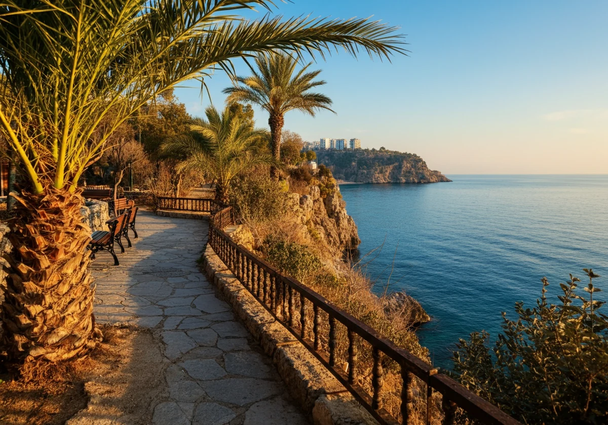 Palmekantet kyststi mot Middelhavet i Antalya om vinteren
