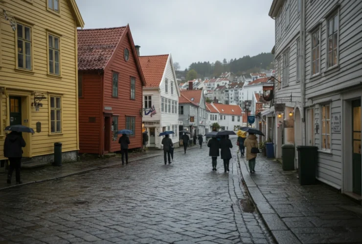 Regnvær i Bergen sentrum, illustrerer tema bergen regn og vitamin d
