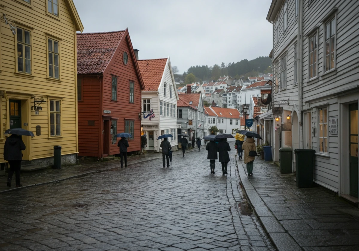 Regnvær i Bergen sentrum, illustrerer tema bergen regn og vitamin d