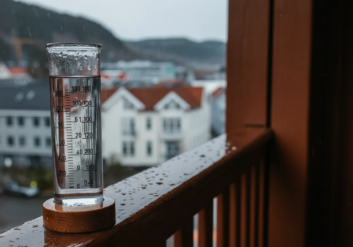 Regnmåler på en balkong i Bergen, målt nedbør knyttet til vitamin d-behov