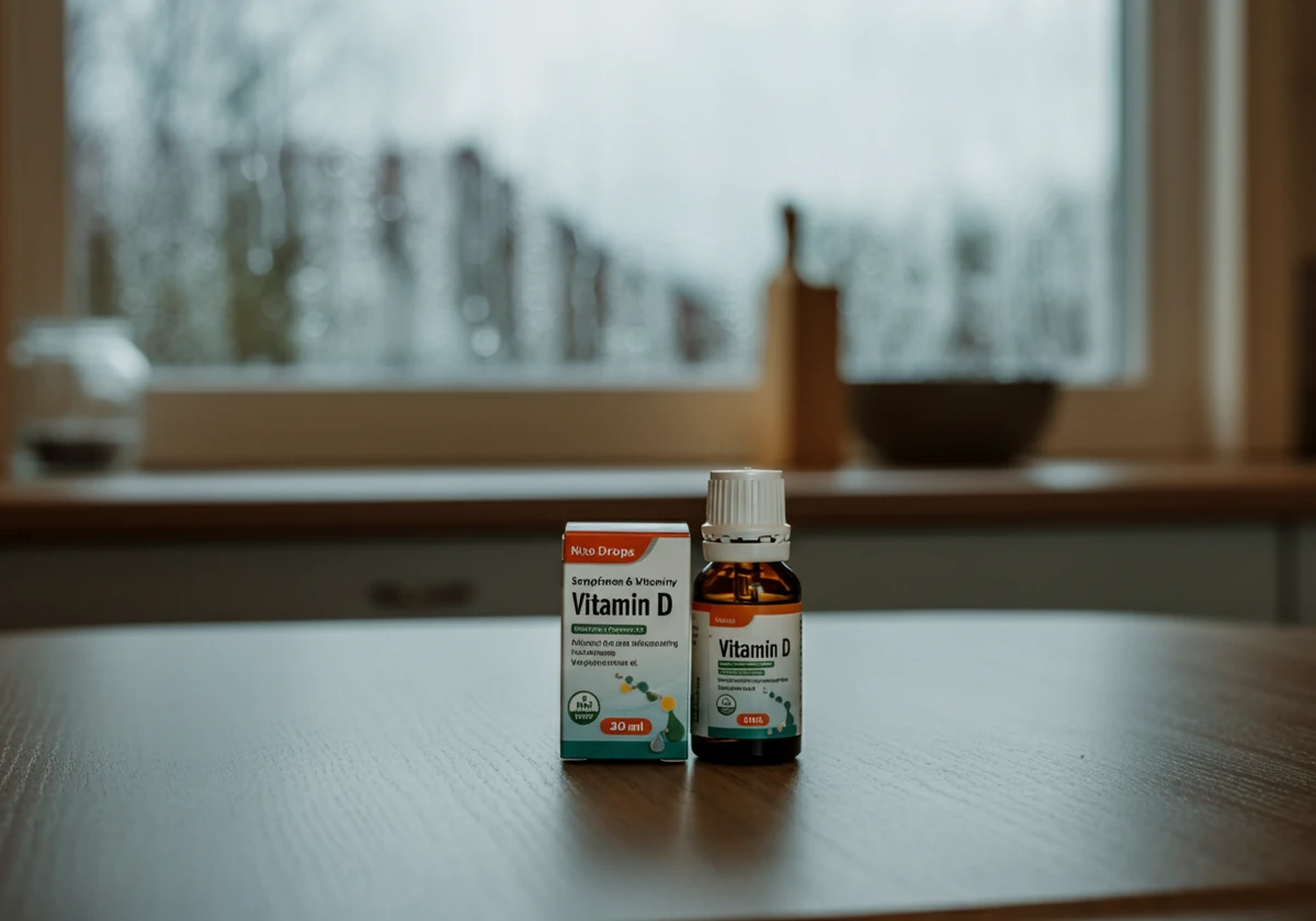 Flaske med vitamin d-dråper på kjøkkenbord med regn utenfor vinduet