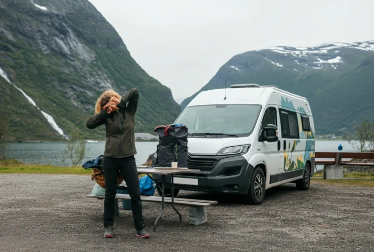 Person som tøyer nakke og rygg ved en bobil på rasteplass, illustrasjon til vondt i nakke bobil
