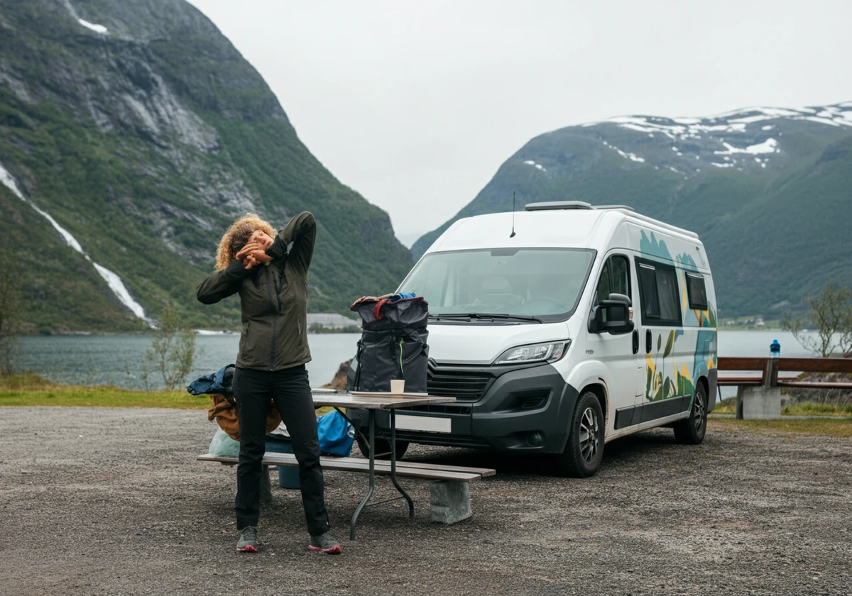 Person som tøyer nakke og rygg ved en bobil på rasteplass, illustrasjon til vondt i nakke bobil