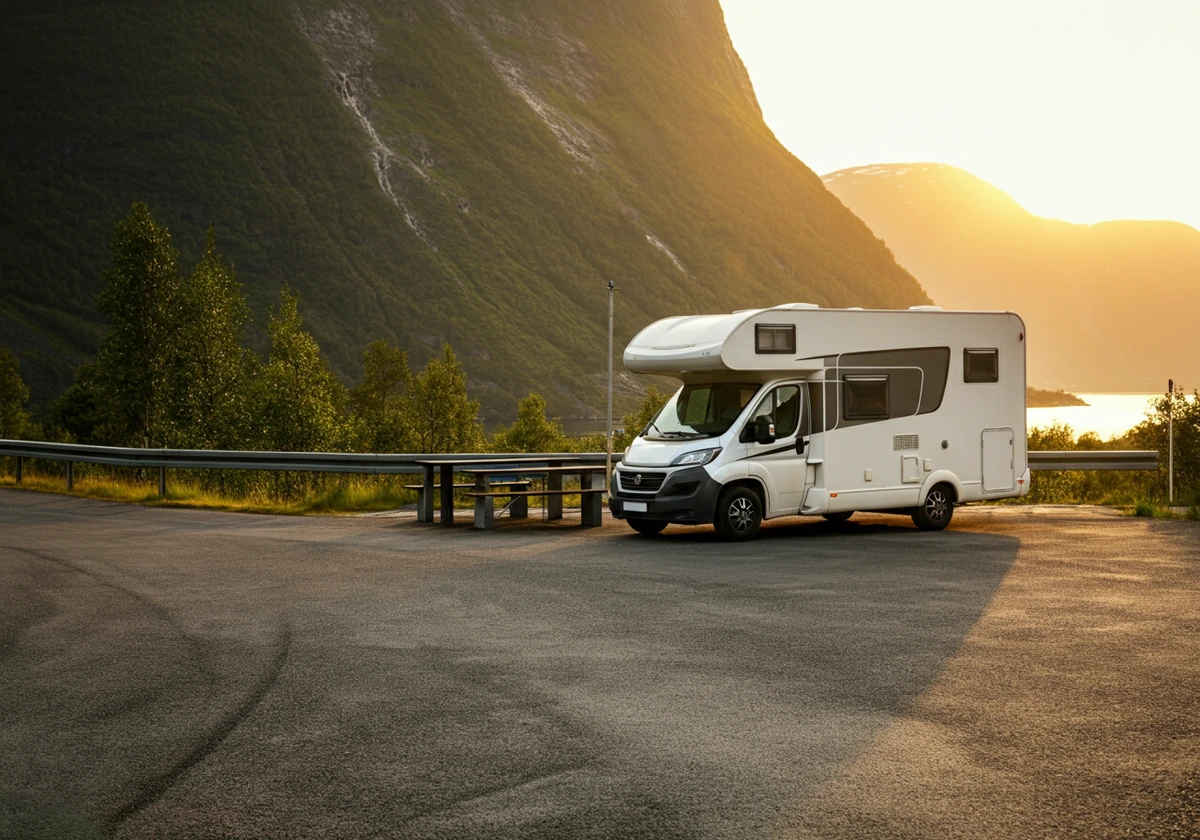 Norsk rasteplass med bobil på sommertur