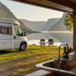 Bobilferie i Norge med bobil parkert ved en rolig fjord i morgenlys