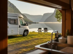 Bobilferie i Norge med bobil parkert ved en rolig fjord i morgenlys