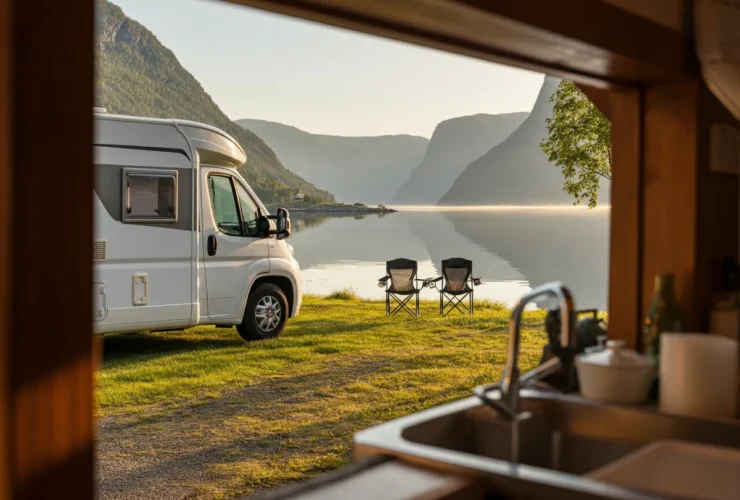 Bobilferie i Norge med bobil parkert ved en rolig fjord i morgenlys