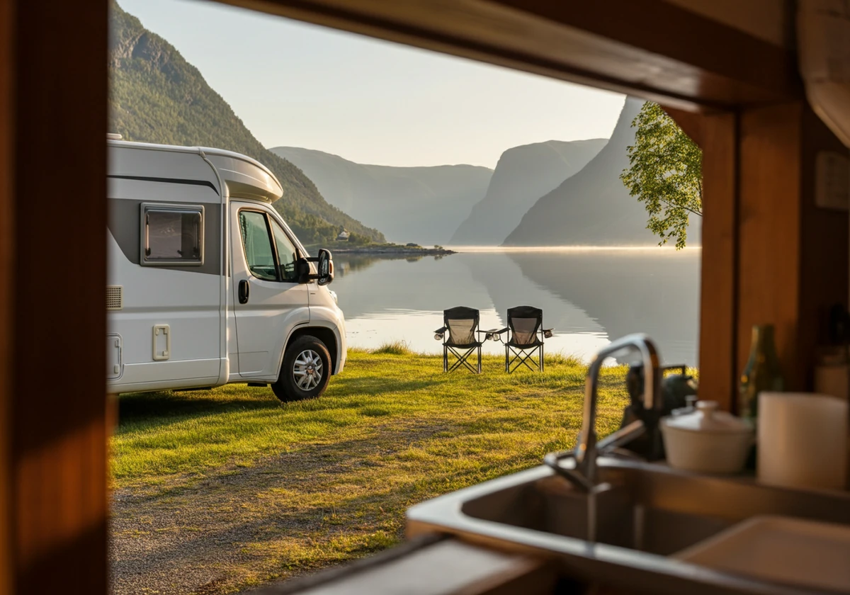 Bobilferie i Norge med bobil parkert ved en rolig fjord i morgenlys