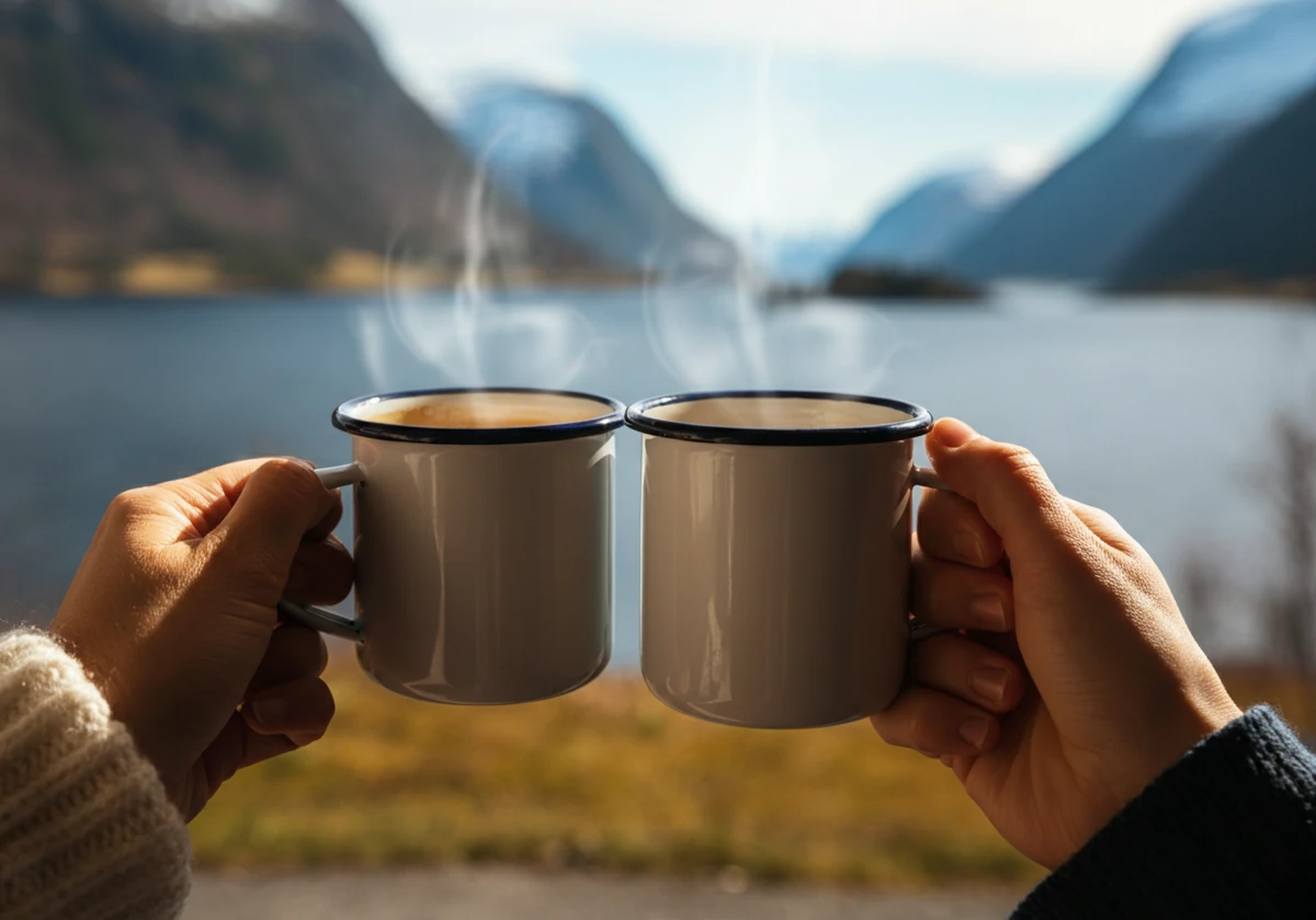 Morgenkaffe utenfor bobilen med utsikt mot fjorden
