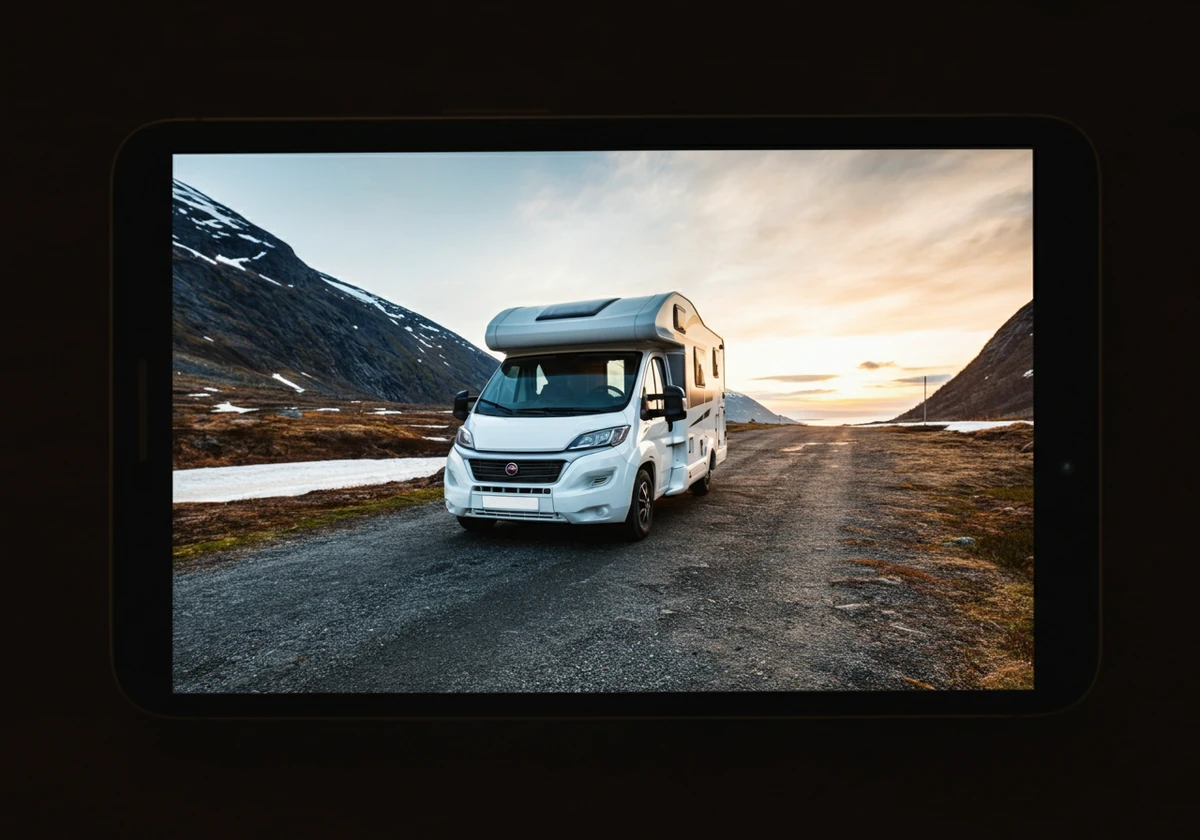 Bobil parkert i fjellet i det lave kveldslyset