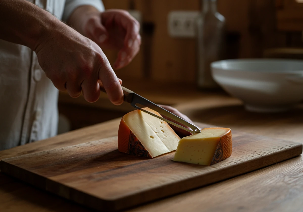 Brunost skjæres med ostehøvel på kjøkkenbenk