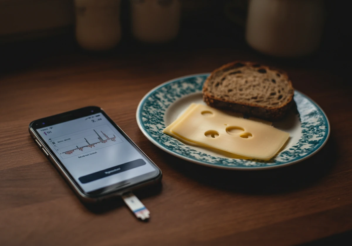 Blodsukkermåler viser kurve etter frokost med brunost